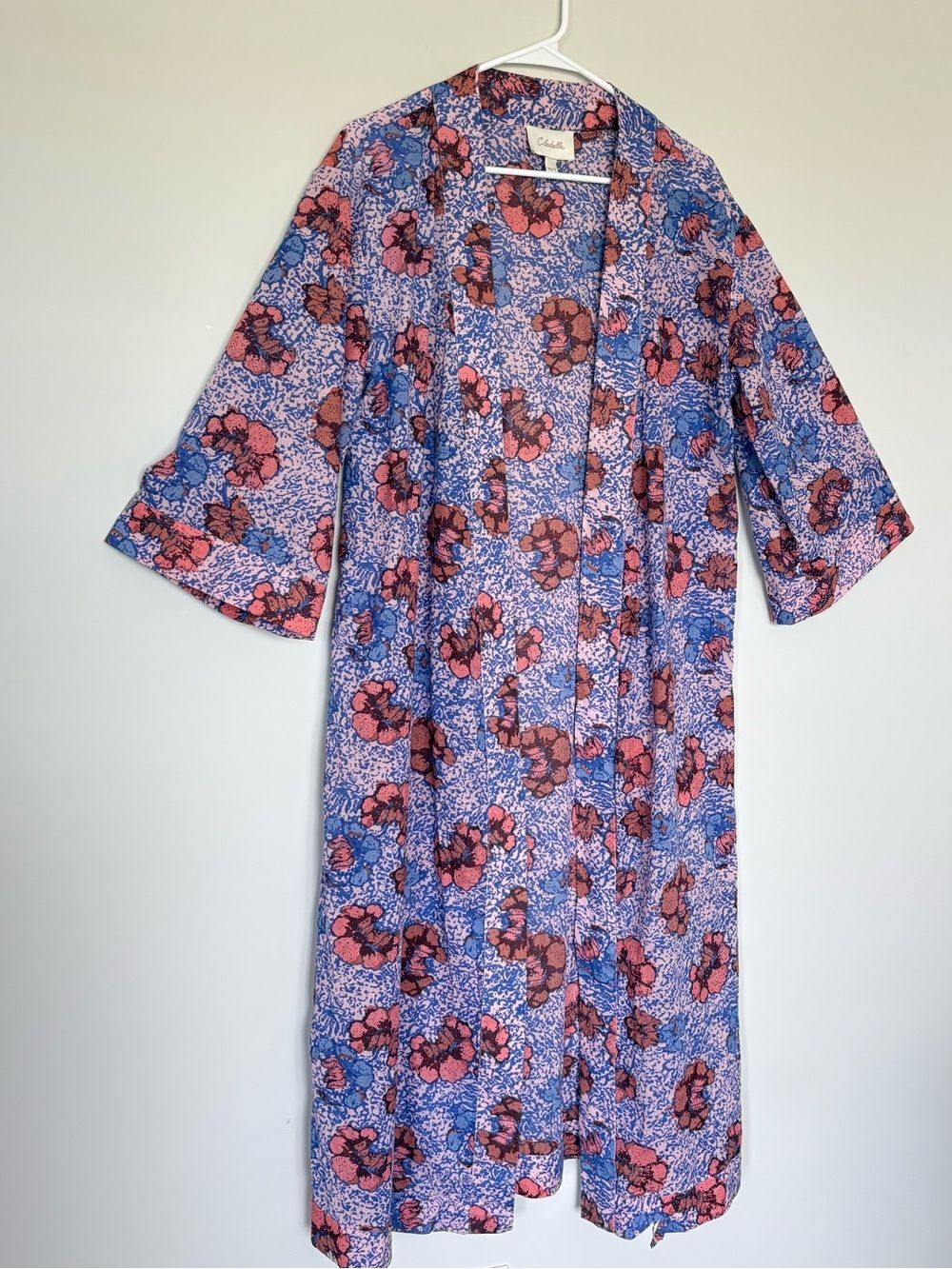 Cleobella Floral Block Print Duster Kimono Jacket XS/S Pink Blue Long Robe Boho
